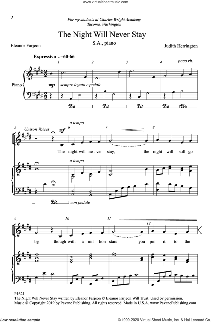 The Night Will Never Stay sheet music for choir (2-Part) by Judith Herrington, Eleanor Farjeon and Eleanor Farjeon and Judith Herrington, intermediate duet