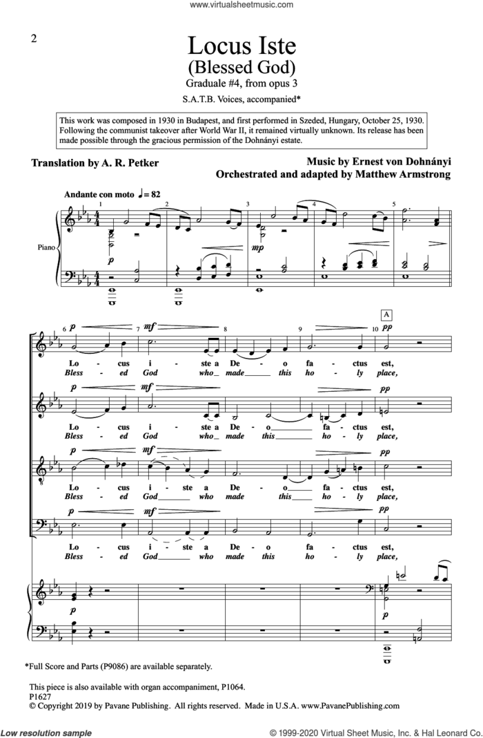 Locus Iste (Blessed God) (Graduale #4, from Opus 3) (adapted by Matthew Armstrong) sheet music for choir (SATB: soprano, alto, tenor, bass) by Ernest von Dohnányi, Matthew Armstrong and Allan Robert Petker, intermediate skill level