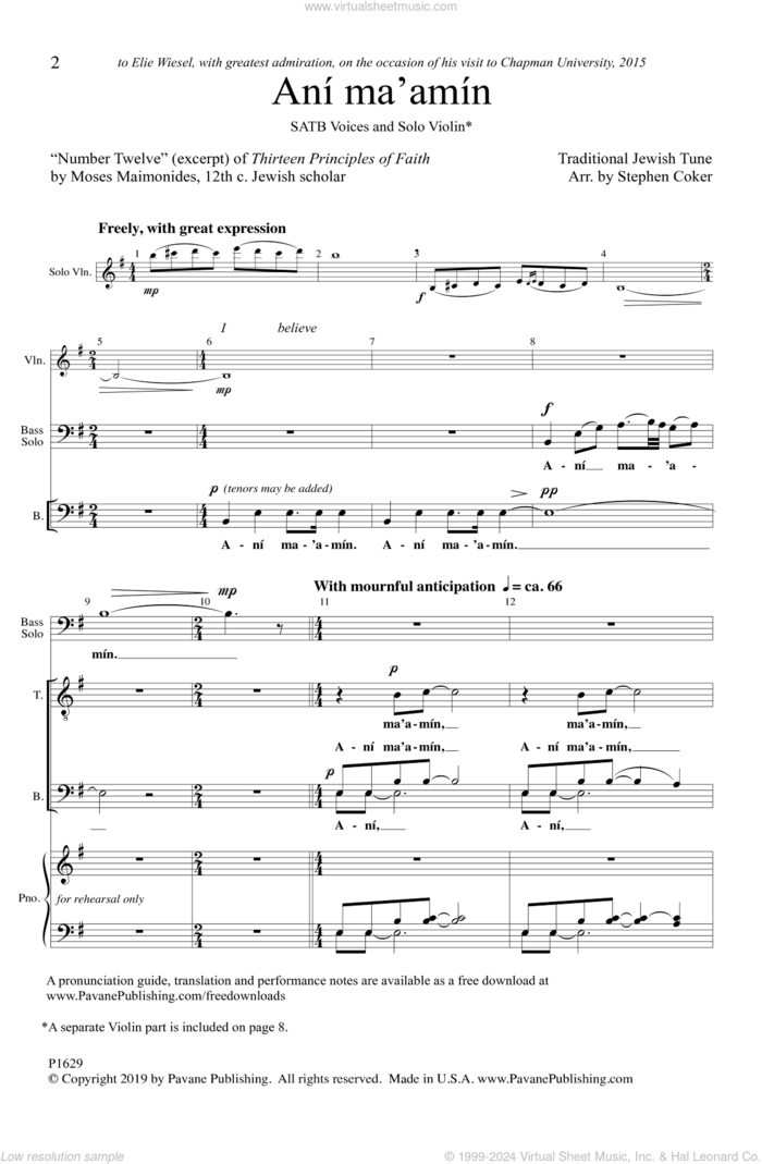 Ani Ma'amin (arr. Stephen Coker) sheet music for choir (SATB: soprano, alto, tenor, bass) by Traditional Jewish Tune and Stephen Coker, intermediate skill level