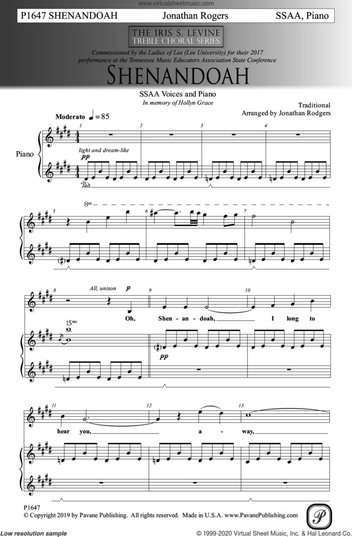 Shenandoah (arr. Jonathan Rodgers) sheet music for choir (SSA: soprano, alto)  and Jonathan Rodgers, intermediate skill level