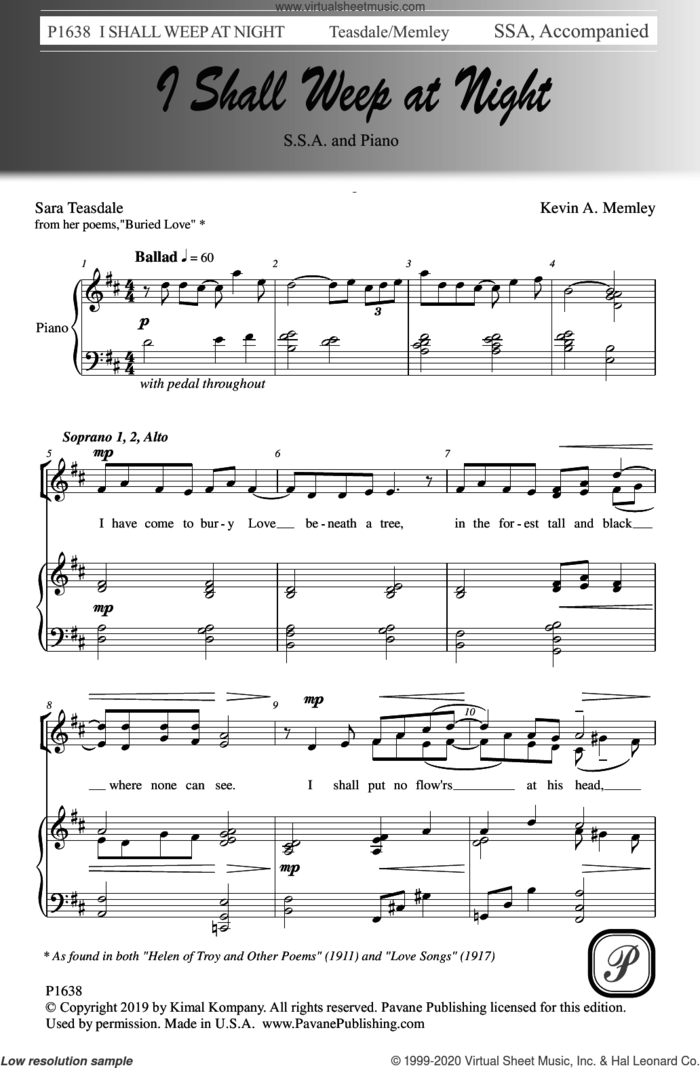 I Shall Weep at Night sheet music for choir (SSA: soprano, alto) by Kevin Memley, Sara Teasdale and Sara Teasdale and Kevin A. Memley, intermediate skill level