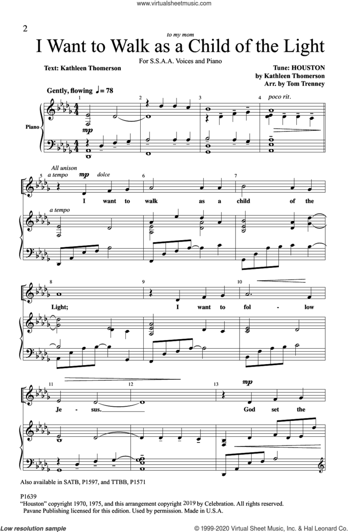 I Want to Walk as a Child of the Light (arr. Tom Trenney) sheet music for choir (SSA: soprano, alto) by Kathleen Thomerson and Tom Trenney, intermediate skill level