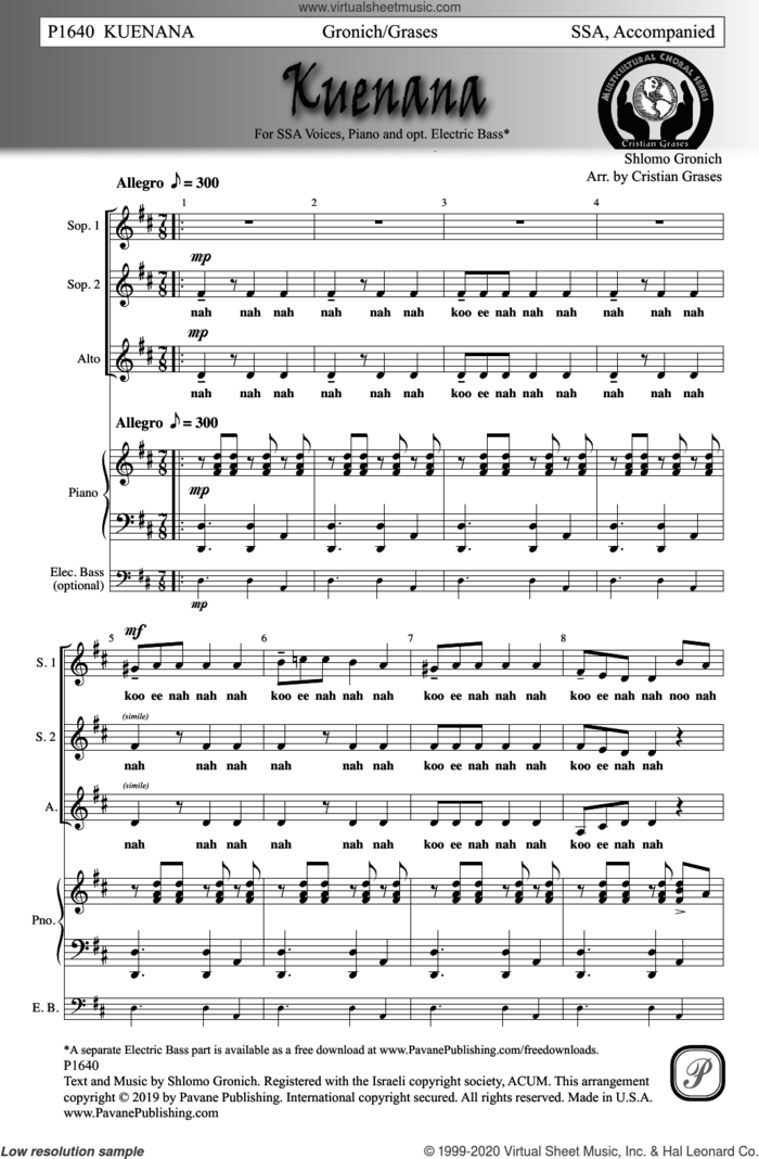 Kuenana (arr. Cristian Grases) sheet music for choir (SSA: soprano, alto) by Shlomo Gronich and Cristian Grases, intermediate skill level