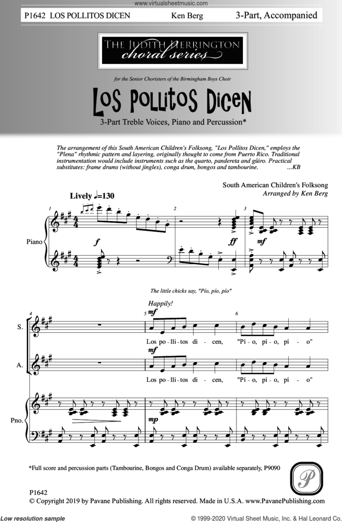 Los Pollitos Dicen (Ken Berg) sheet music for choir (Treble Voices) by South American Children's Folksong and Ken Berg, intermediate skill level