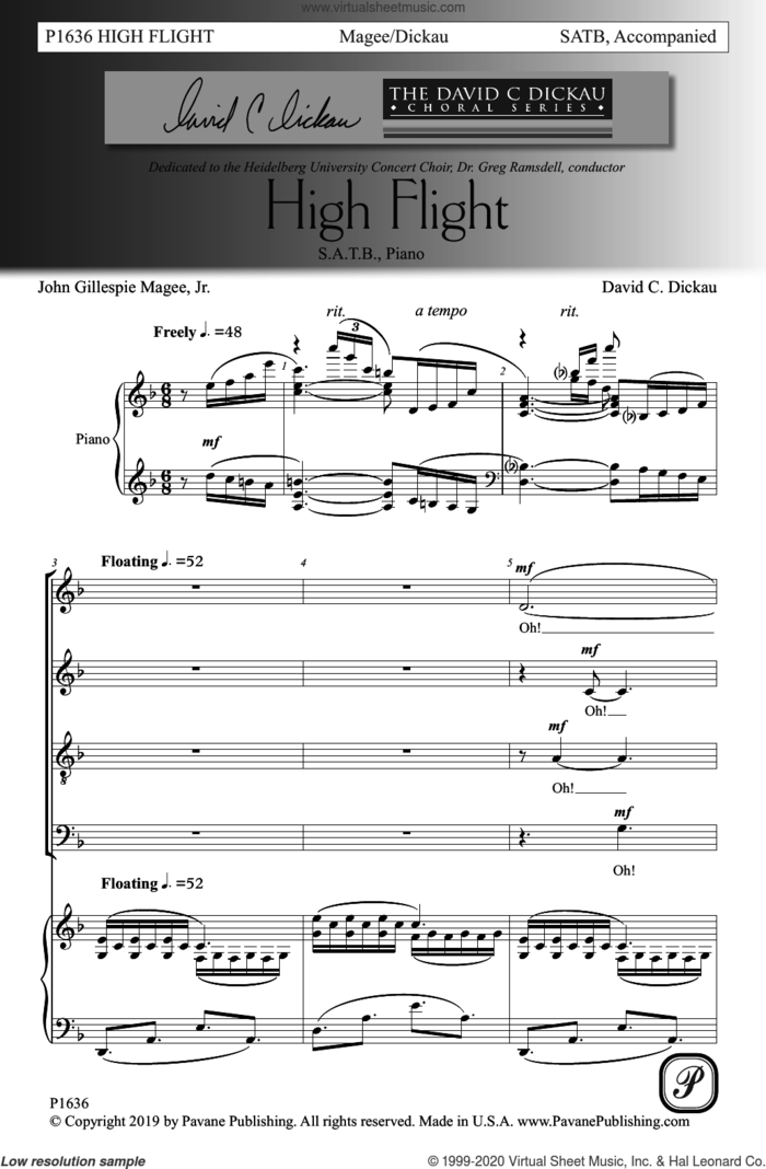 High Flight sheet music for choir (SATB: soprano, alto, tenor, bass) by David C. Dickau, John Gillespie Magee, Jr. and John Gillespie Magee, Jr. and David C. Dickau, intermediate skill level