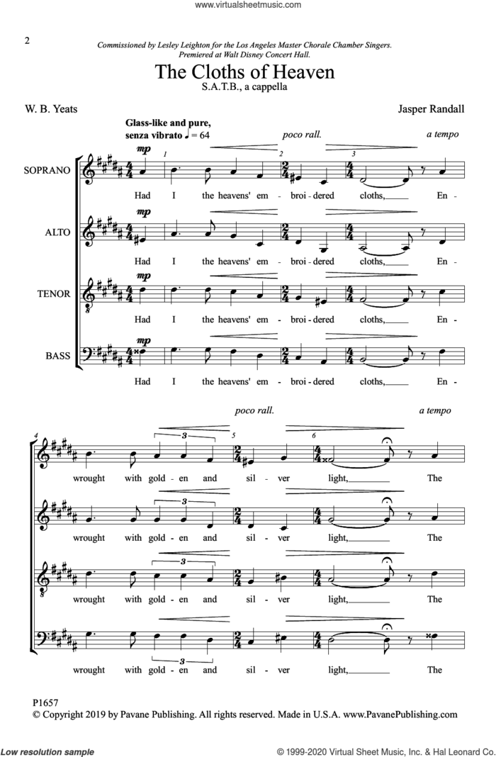 The Cloths of Heaven sheet music for choir (SATB: soprano, alto, tenor, bass) by Jasper Randall, W. B. Yeats and W. B. Yeats and Jasper Randall, intermediate skill level