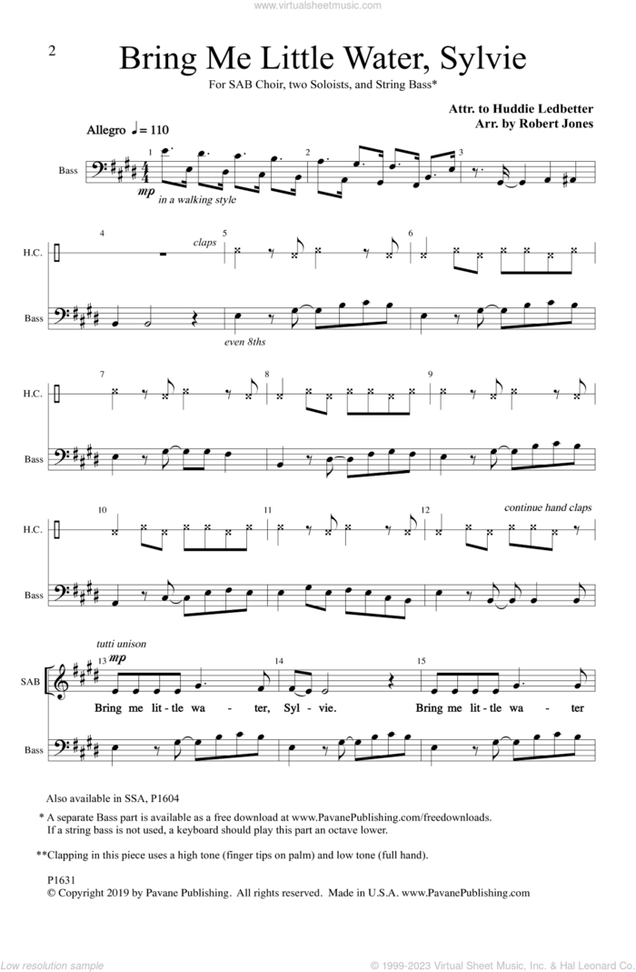 Bring Me Little Water, Sylvie (arr. Robert Jones) sheet music for choir (SAB: soprano, alto, bass) by Huddie Ledbetter and Robert Jones, intermediate skill level