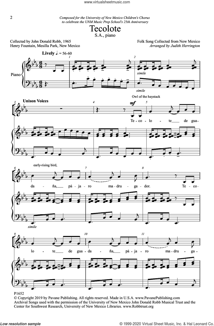 Tecolote (arr. Judith Herrington) sheet music for choir (SA)  and Judith Herrington, intermediate skill level