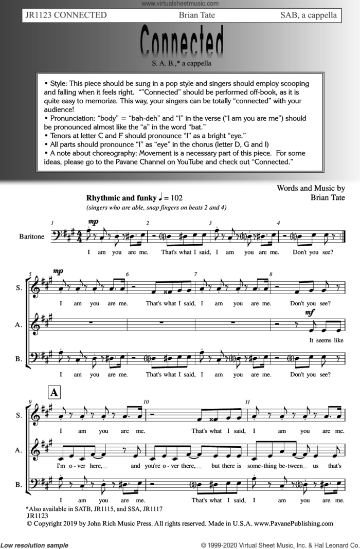 Connected sheet music for choir (SAB: soprano, alto, bass) by Brian Tate, intermediate skill level