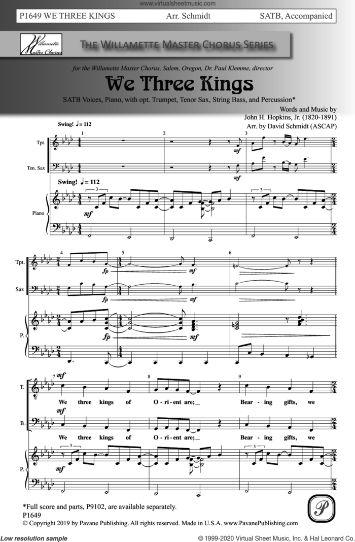 We Three Kings (arr. David Schmidt) sheet music for choir (SATB: soprano, alto, tenor, bass) by John H. Hopkins, Jr. and David Schmidt, intermediate skill level