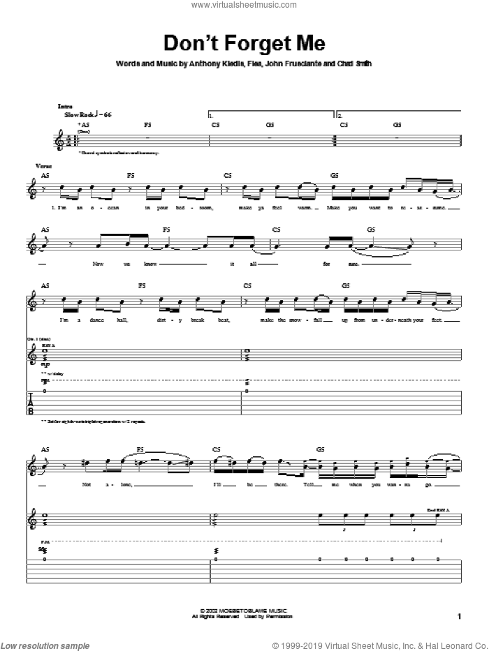 Don't Forget Me sheet music for guitar (tablature) by Red Hot Chili Peppers, Anthony Kiedis, Flea and John Frusciante, intermediate skill level