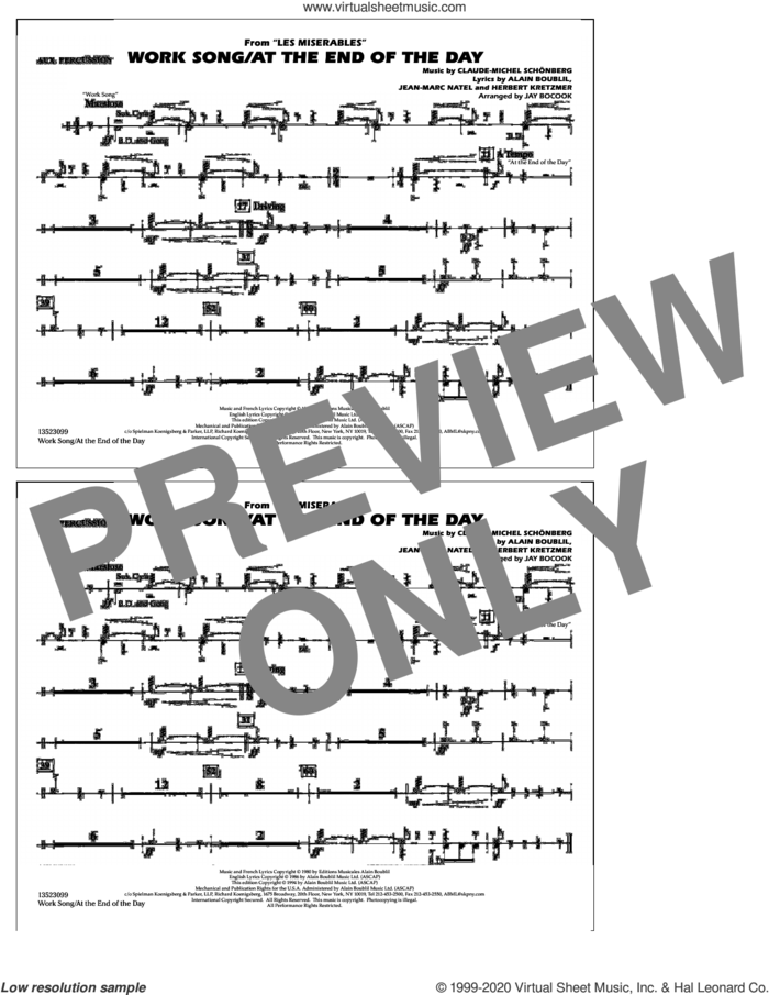 Work Song/At the End of the Day (Les Miserables) (arr. Jay Bocook) sheet music for marching band (aux percussion) by Claude-Michel Schonberg, Jay Bocook, Alain Boublil, Boublil & Schonberg, Herbert Kretzmer and Jean-Marc Natel, intermediate skill level