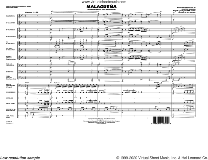 Malaguena (arr. Jay Bocook) (COMPLETE) sheet music for marching band by Jay Bocook, Ernesto Lecuona and Marian Banks, intermediate skill level