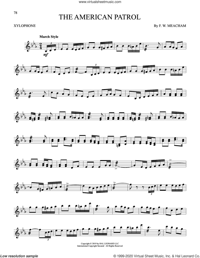 The American Patrol sheet music for Xylophone Solo (xilofone, xilofono, silofono) by F.W. Meacham, classical score, intermediate skill level