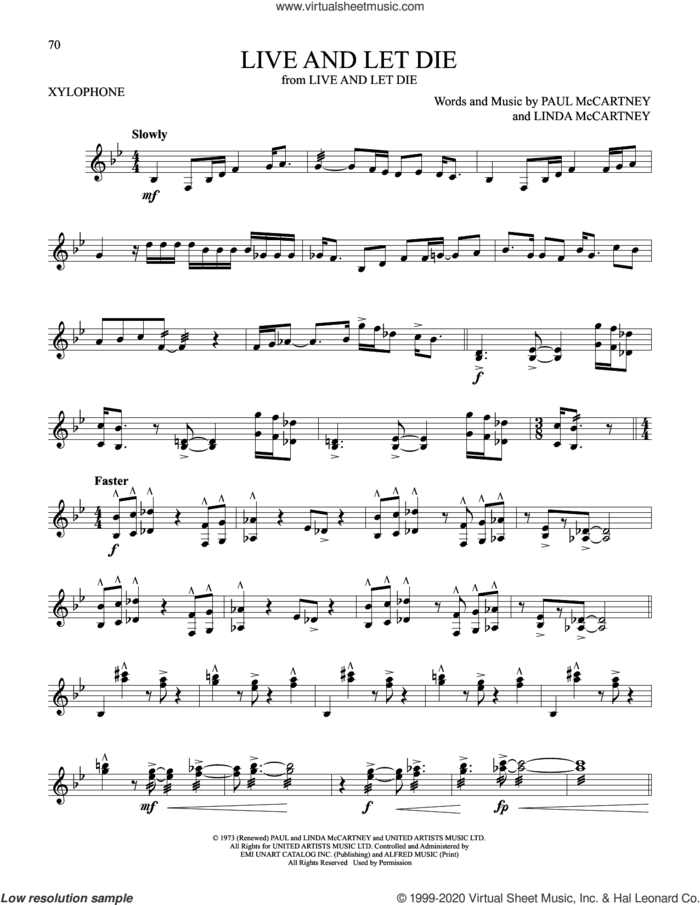 Live And Let Die sheet music for Xylophone Solo (xilofone, xilofono, silofono) by Paul McCartney, Paul McCartney and Wings and Linda McCartney, intermediate skill level