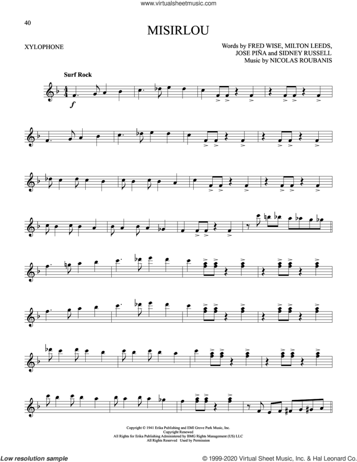 Misirlou sheet music for Xylophone Solo (xilofone, xilofono, silofono) by Dick Dale, Fred Wise, Jose Pina, Milton Leeds, Nicolas Roubanis and Sidney Russell, intermediate skill level
