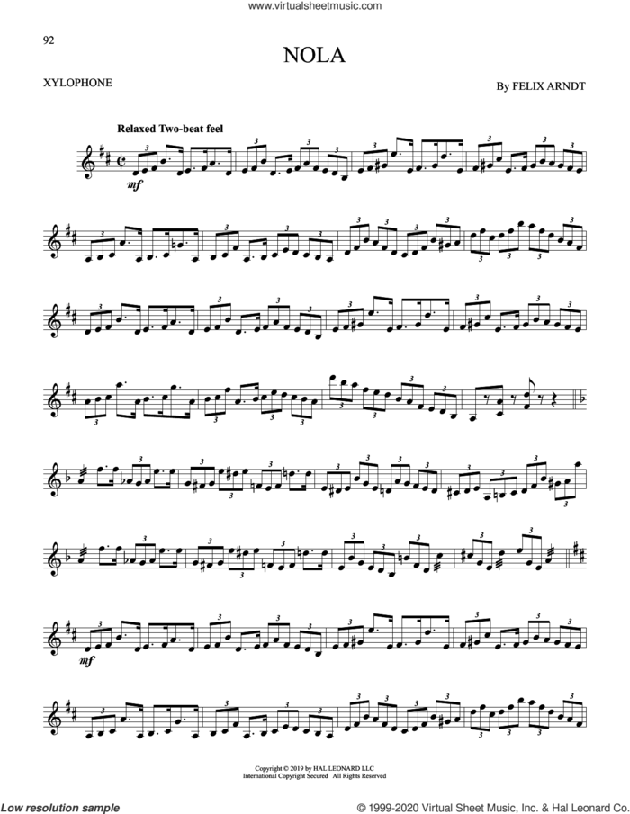Nola sheet music for Xylophone Solo (xilofone, xilofono, silofono) by Felix Arndt, intermediate skill level