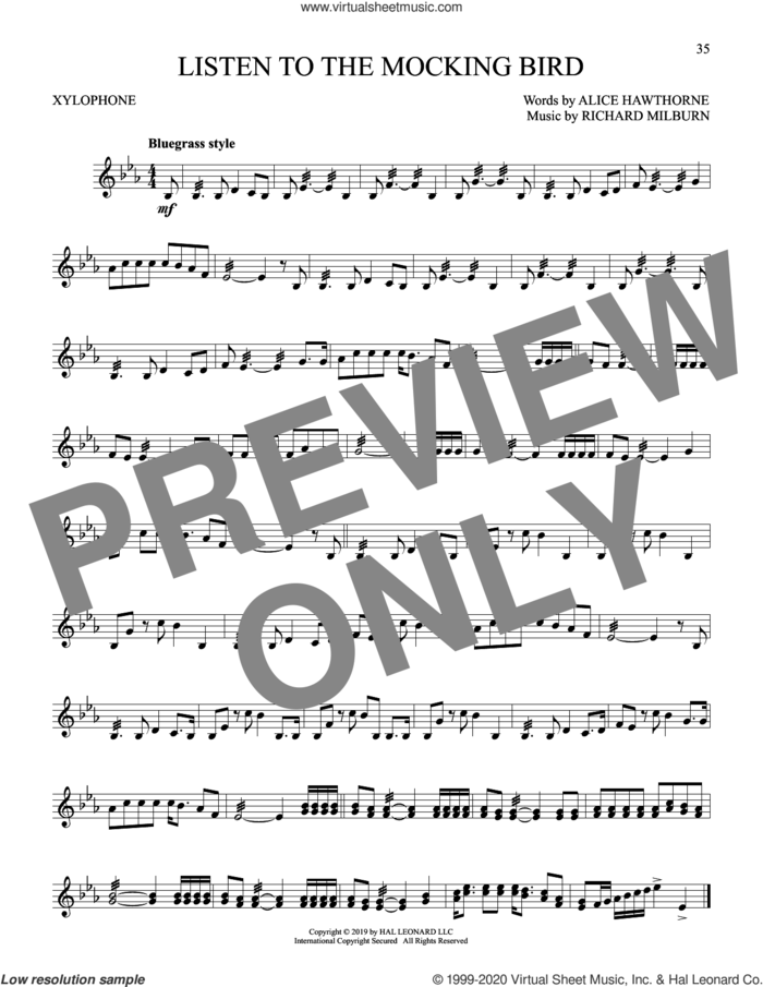 Listen To The Mocking Bird sheet music for Xylophone Solo (xilofone, xilofono, silofono) by Alice Hawthorne and Richard Milburn, classical score, intermediate skill level