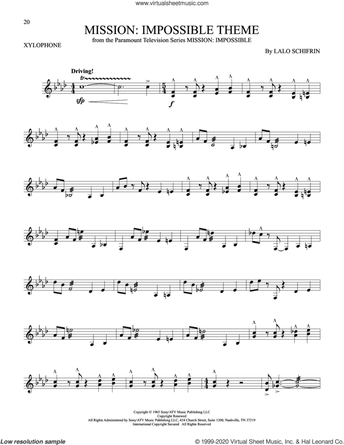 Mission: Impossible Theme sheet music for Xylophone Solo (xilofone, xilofono, silofono) by Lalo Schifrin, intermediate skill level