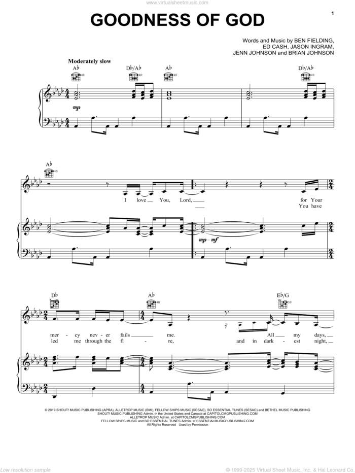 Goodness Of God sheet music for voice, piano or guitar by Bethel Music and Jenn Johnson, CeCe Winans, Ben Fielding, Brian Johnson, Ed Cash, Jason Ingram and Jenn Johnson, intermediate skill level