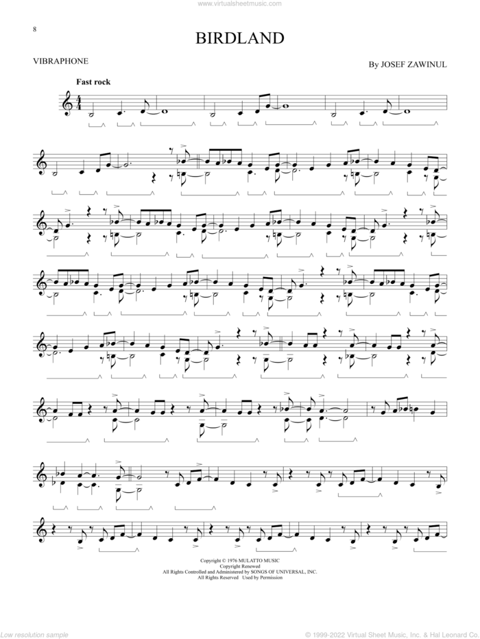 Birdland sheet music for Vibraphone Solo by The Manhattan Transfer, Jon Hendricks and Josef Zawinul, intermediate skill level