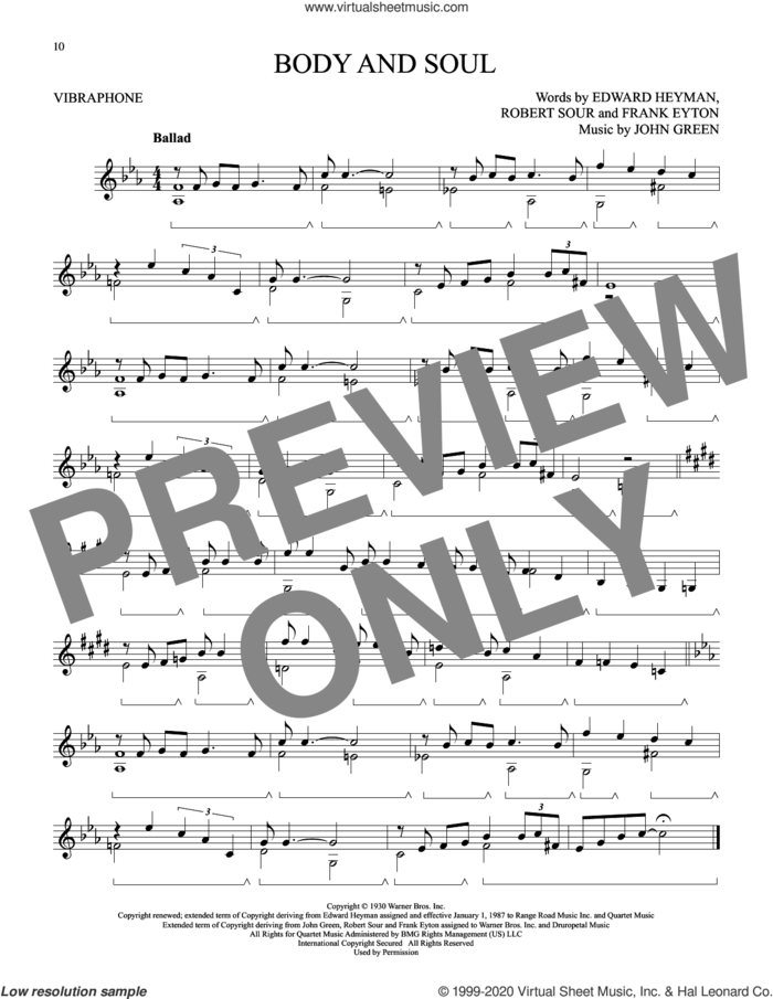 Body And Soul sheet music for Vibraphone Solo by Johnny Green, Edward Heyman, Frank Eyton and Robert Sour, intermediate skill level