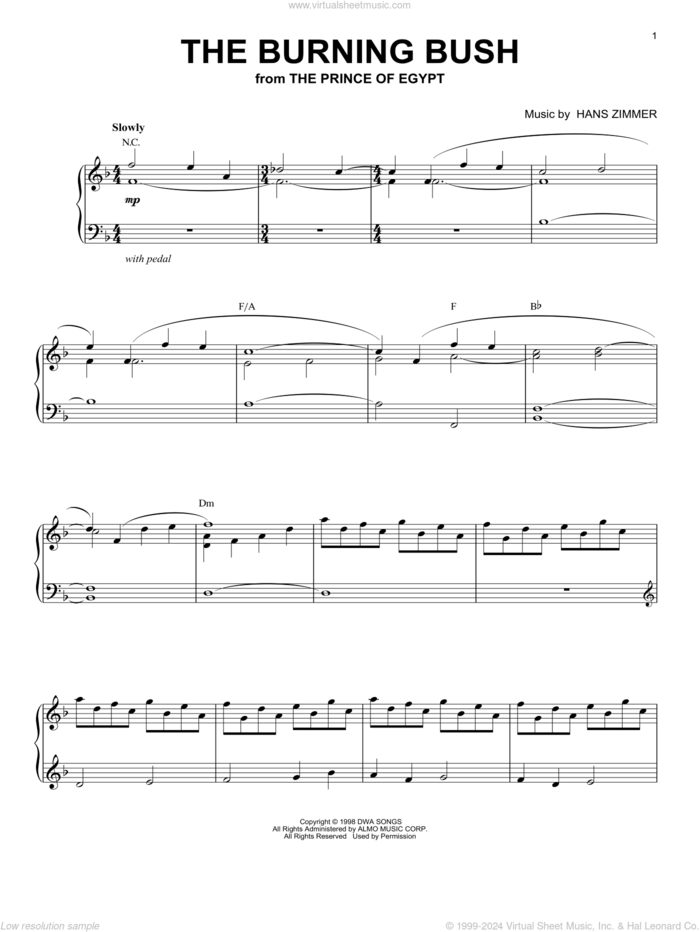 The Burning Bush (from The Prince of Egypt) sheet music for piano solo by Hans Zimmer, intermediate skill level