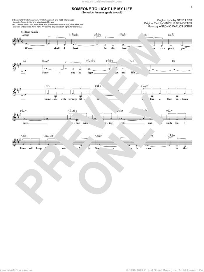 Someone To Light Up My Life (Se Todos Fossem Iguais A Voce) sheet music for voice and other instruments (fake book) by Antonio Carlos Jobim, Eugene John Lees and Vinicius de Moraes, intermediate skill level