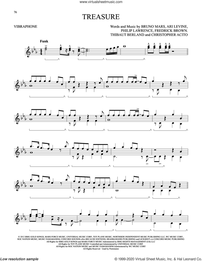 Treasure sheet music for Vibraphone Solo by Bruno Mars, Ari Levine, Christopher Acito, Fredrick Brown, Philip Lawrence and Thibaut Berland, intermediate skill level