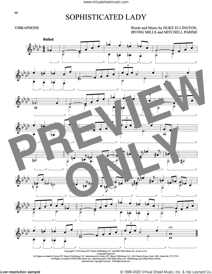 Sophisticated Lady sheet music for Vibraphone Solo by Duke Ellington, Irving Mills and Mitchell Parish, intermediate skill level