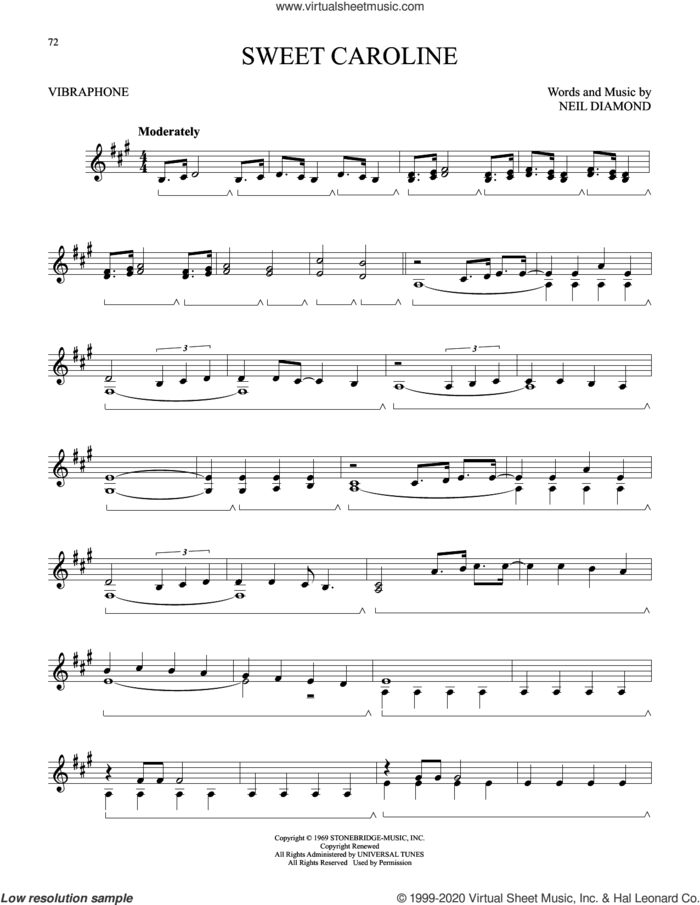 Sweet Caroline sheet music for Vibraphone Solo by Neil Diamond, intermediate skill level