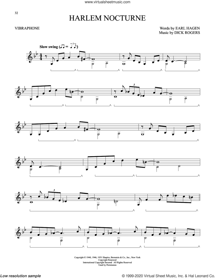 Harlem Nocturne sheet music for Vibraphone Solo by Dick Rogers and Earle Hagen, intermediate skill level