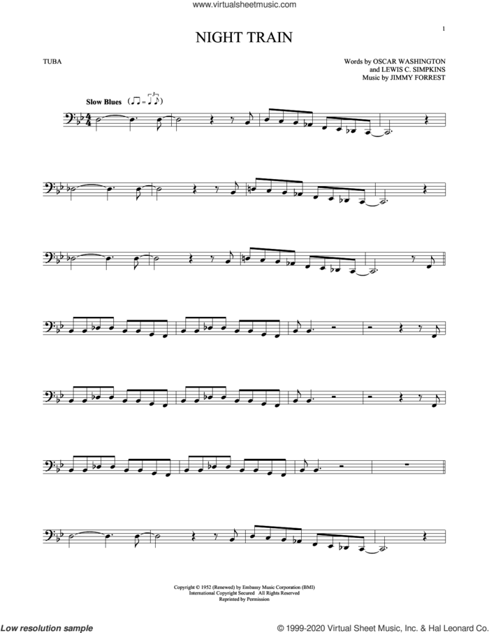 Night Train sheet music for Tuba Solo (tuba) by Jimmy Forrest, Lewis C. Simpkins and Oscar Washington, intermediate skill level