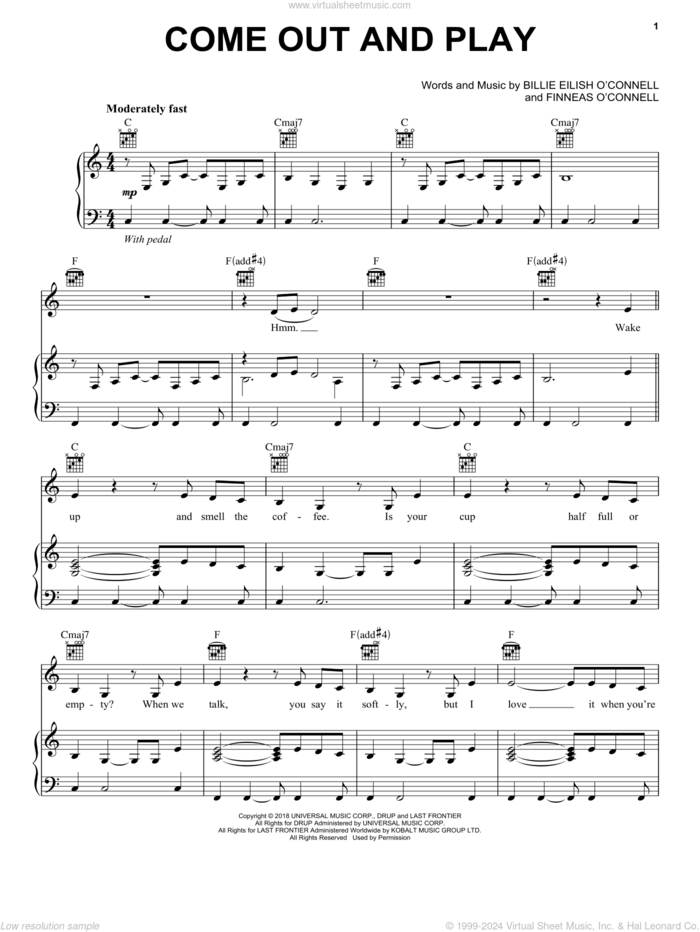 come out and play sheet music for voice, piano or guitar by Billie Eilish, intermediate skill level
