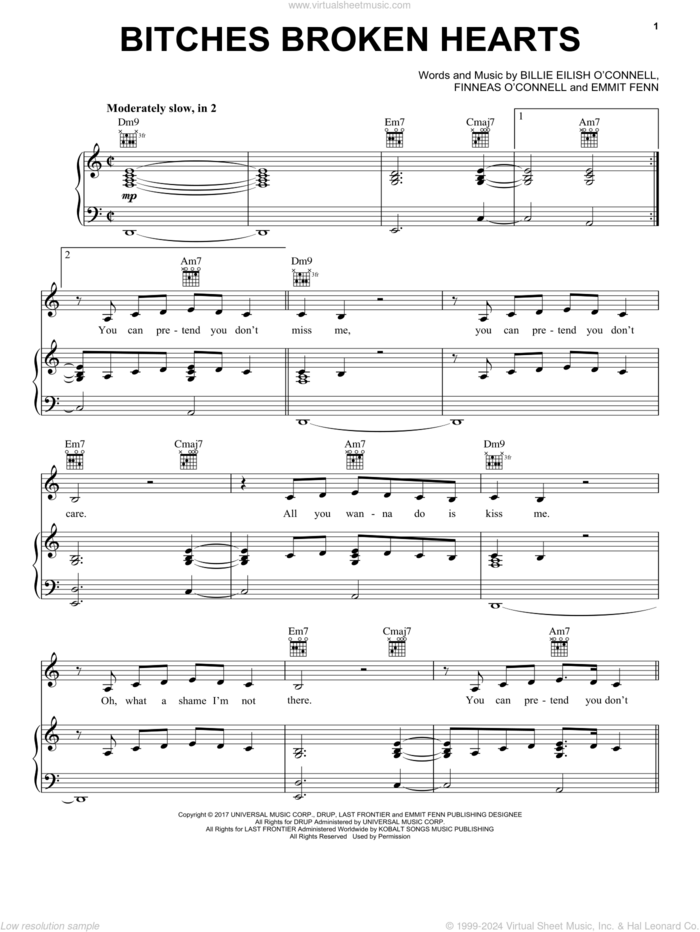 Bitches Broken Hearts sheet music for voice, piano or guitar by Billie Eilish and Emmit Fenn, intermediate skill level