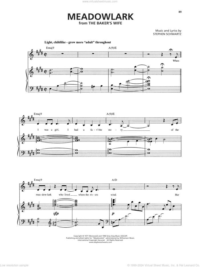 Meadowlark (from The Baker's Wife) sheet music for voice and piano by Stephen Schwartz, intermediate skill level