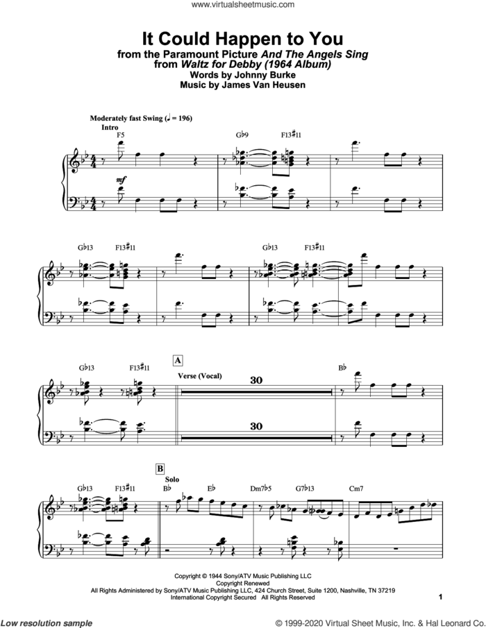 It Could Happen To You (from And The Angels Sing) sheet music for piano solo by Bill Evans, Jimmy van Heusen and John Burke, intermediate skill level