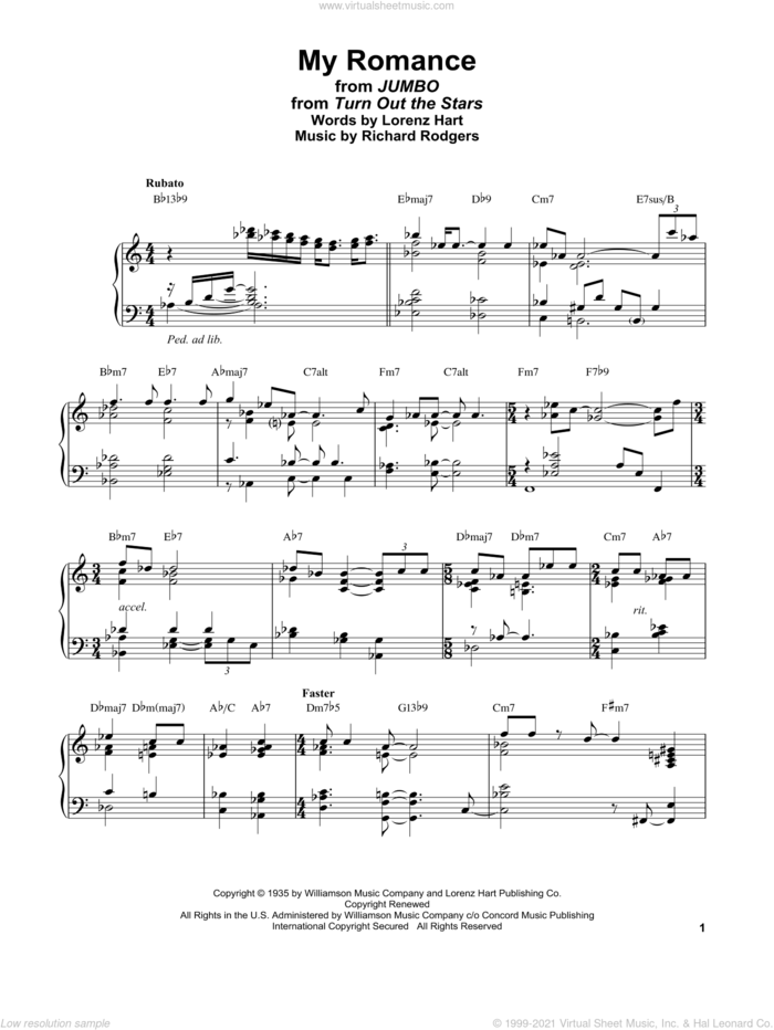 My Romance (from Jumbo) sheet music for piano solo by Bill Evans, Lorenz Hart and Richard Rodgers, intermediate skill level