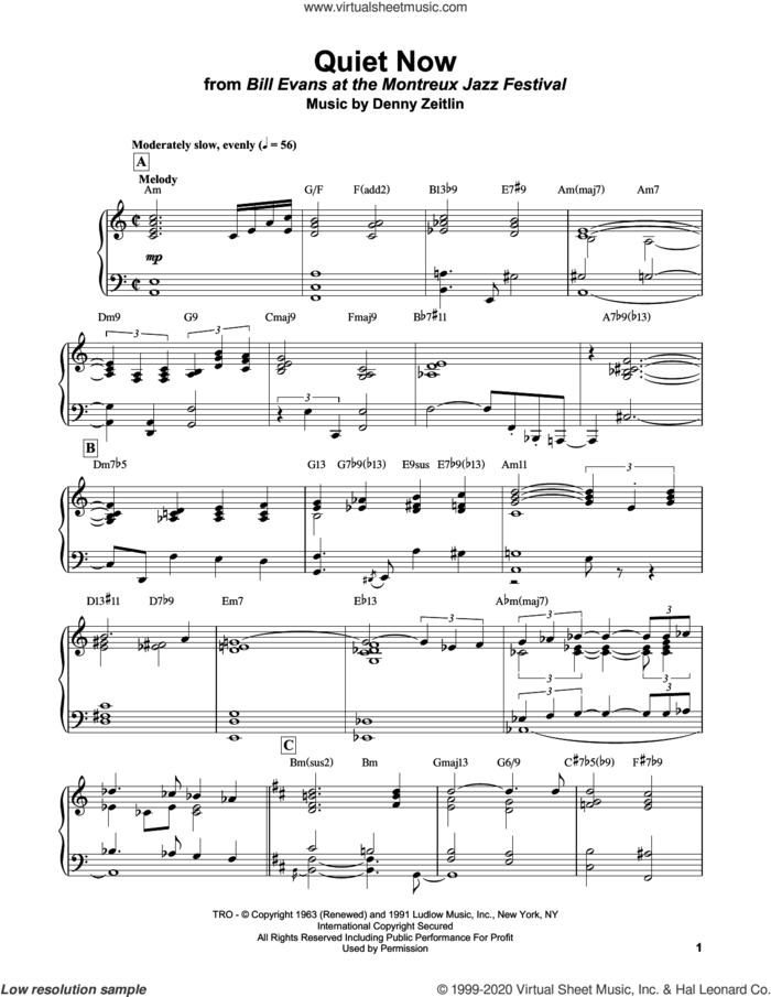 Quiet Now sheet music for piano solo by Bill Evans and Denny Zeitlin, intermediate skill level