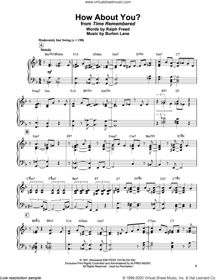 How About You? sheet music for piano solo by Bill Evans, Burton Lane and Ralph Freed, intermediate skill level
