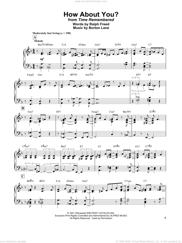 How About You? sheet music for piano solo by Bill Evans, Burton Lane and Ralph Freed, intermediate skill level