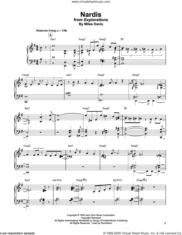 Nardis sheet music for piano solo by Bill Evans and Miles Davis, intermediate skill level