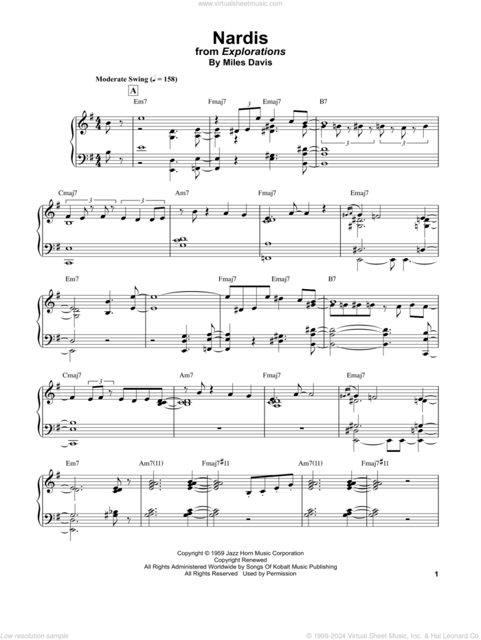 Nardis sheet music for piano solo by Bill Evans and Miles Davis, intermediate skill level