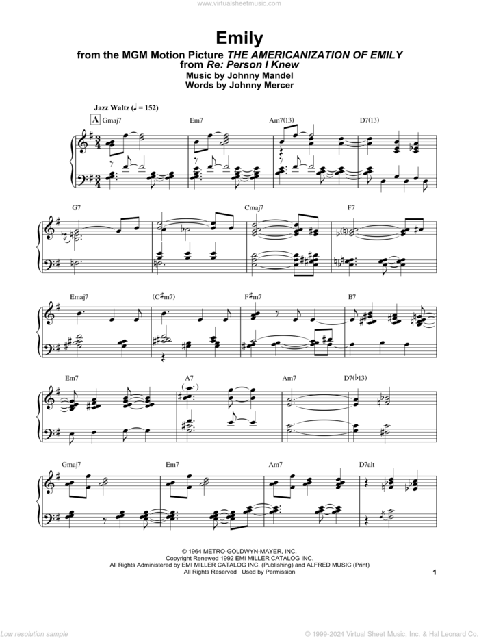 Emily (from The Americanization of Emily) sheet music for piano solo by Bill Evans, Johnny Mandel and Johnny Mercer, intermediate skill level