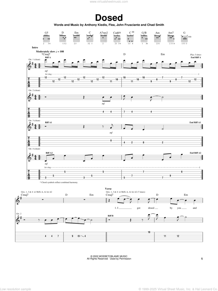 Dosed sheet music for guitar (tablature) by Red Hot Chili Peppers, Anthony Kiedis, Flea and John Frusciante, intermediate skill level