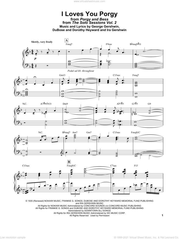 I Loves You, Porgy (from Porgy and Bess) sheet music for piano solo by Bill Evans, Dorothy Heyward, DuBose Heyward, George Gershwin and Ira Gershwin, intermediate skill level