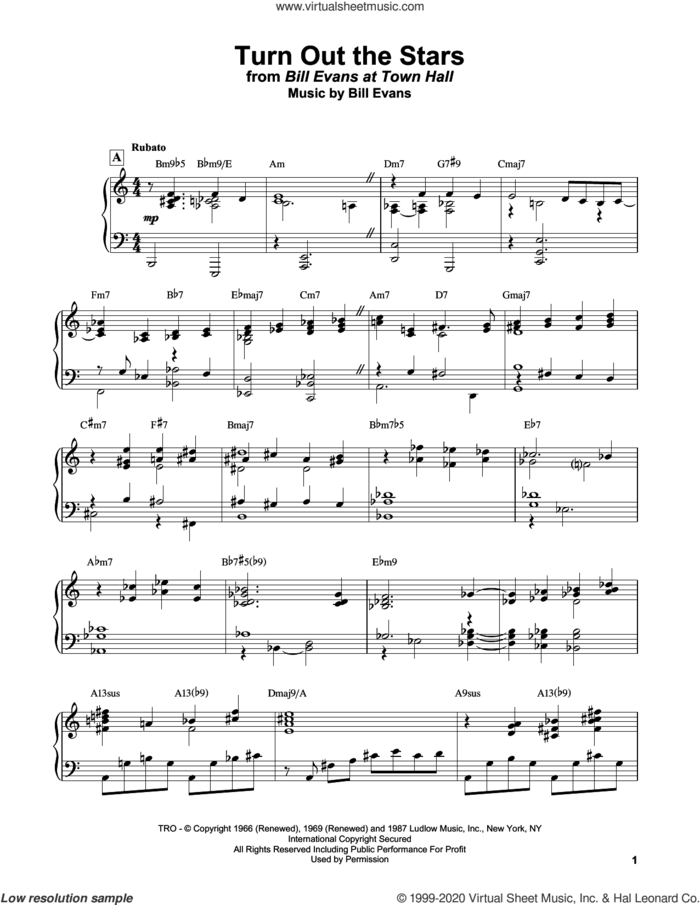 Turn Out The Stars sheet music for piano solo by Bill Evans, intermediate skill level