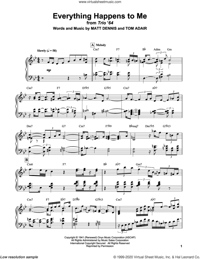 Everything Happens To Me sheet music for piano solo by Bill Evans, Matt Dennis and Tom Adair, intermediate skill level