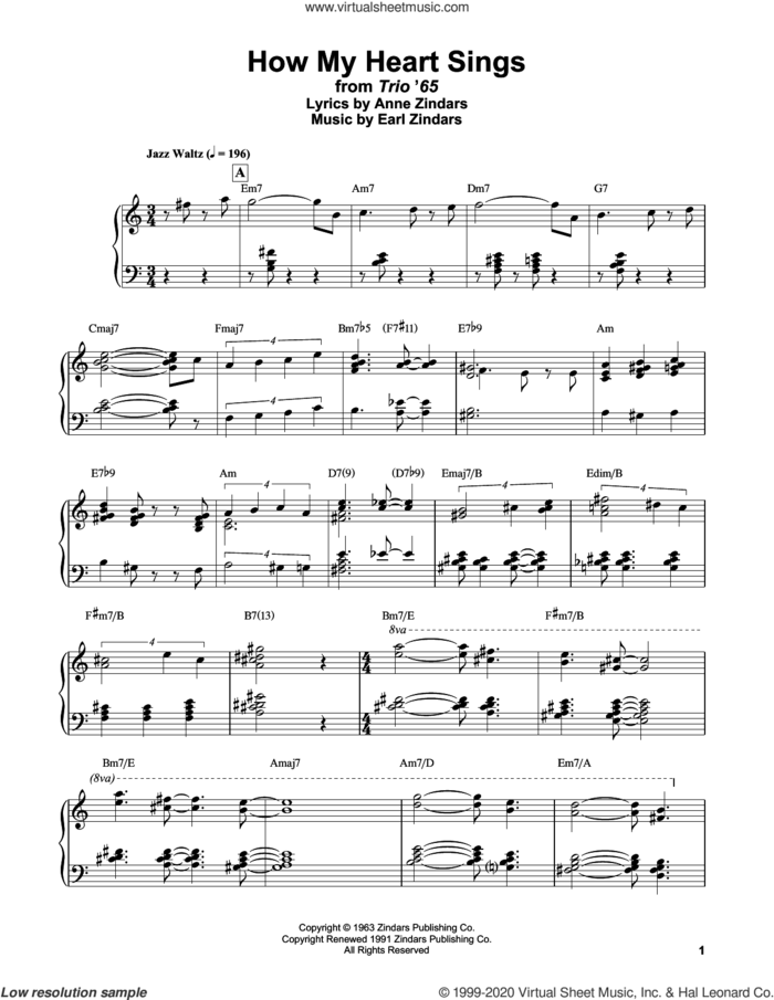 How My Heart Sings sheet music for piano solo by Bill Evans, Anne Zindars and Earl Zindars, intermediate skill level