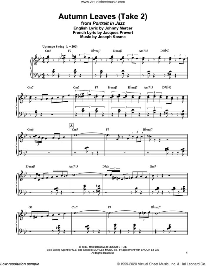 Autumn Leaves sheet music for piano solo by Bill Evans, Jacques Prevert, Johnny Mercer and Joseph Kosma, intermediate skill level